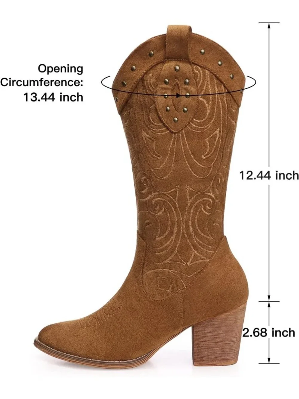 Women Camel Western Pointed Toe Chunky Heel Embroidered Mid Calf Cowgirl Boot
